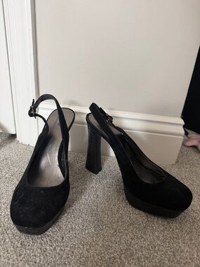 Worthington Black Suede Platform Slingback Heels